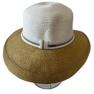 Vintage Betmar New York Floppy Paper Sun Hat Two Tone Tan & White